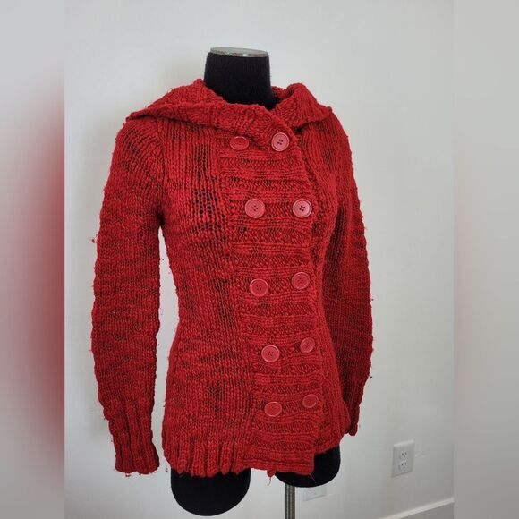 Vintage Y2K Wet Seal Wool Blend Cardigan Hooded Red Chunky Knit Buttons Small - Picture 2 of 10